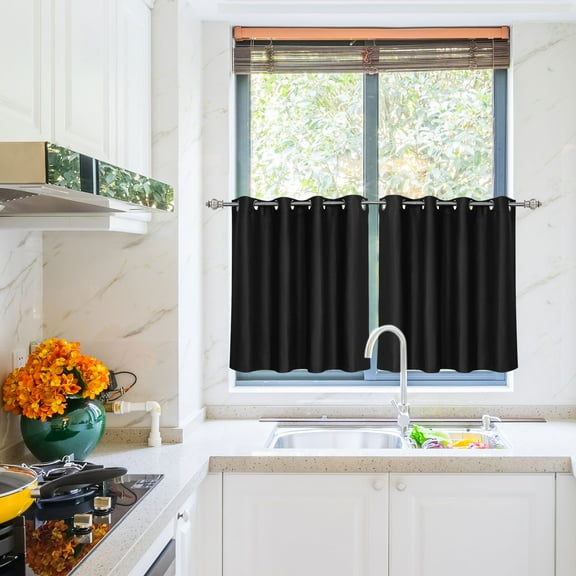 PiccoCasa 2Pcs Blockout Small Window Curtain Panel Kitchen Curtain, Black 52 x 36 Inch
