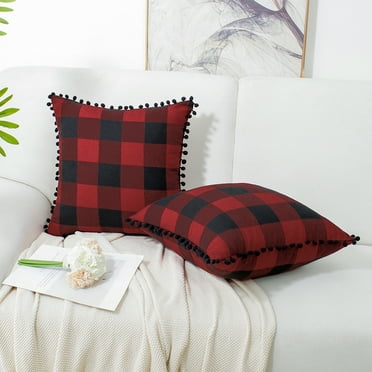 PiccoCasa 2Pcs Pompoms Buffalo Retro Plaid Throw Pillow Covers, Decorative Cushion Covers, 18"x18", Red and Black