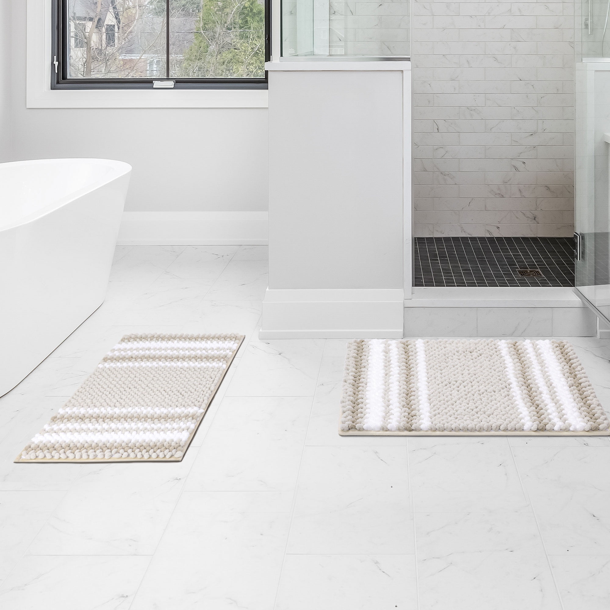 REGALWOVEN Chenille Bathroom Rug Set of 2 Extra Soft Fluffy, Striped Bath Mat Shaggy Rugs Absorbent Bone 17"x24"