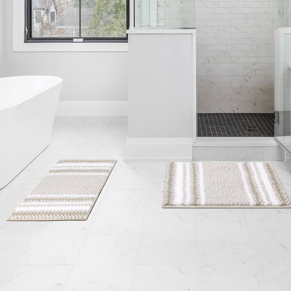 REGALWOVEN Chenille Bathroom Rug Set of 2 Extra Soft Fluffy, Striped Bath Mat Shaggy Rugs Absorbent Bone 17"x24"