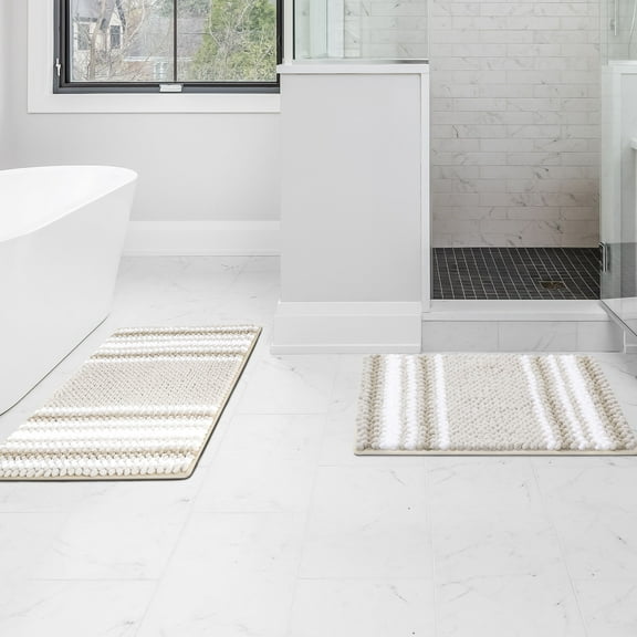 PiccoCasa 2Pcs Chenille Bathroom Rug Set Nonslip Absorbent Bone 17x24" & 20x32"