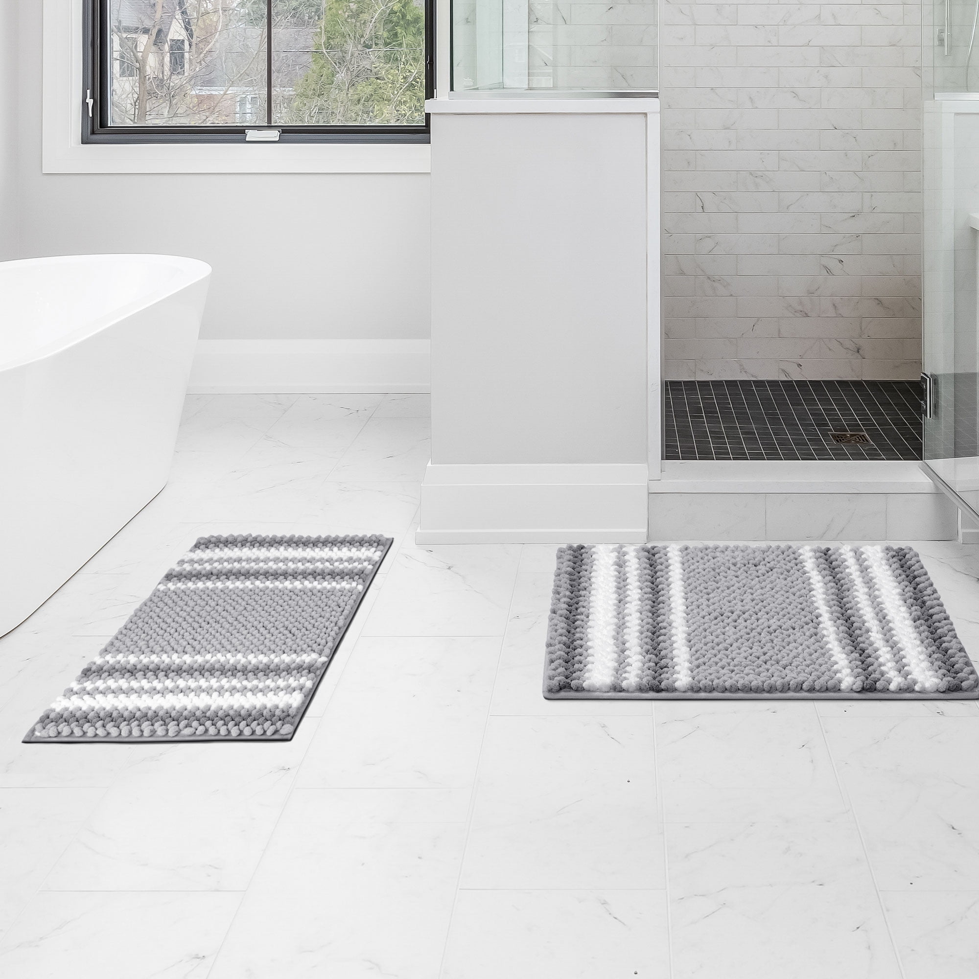 REGALWOVEN Chenille Bathroom Rug Set of 2 Extra Soft Fluffy, Striped Bath Mat Shaggy Rugs Absorbent Dark Gray 17"x24"