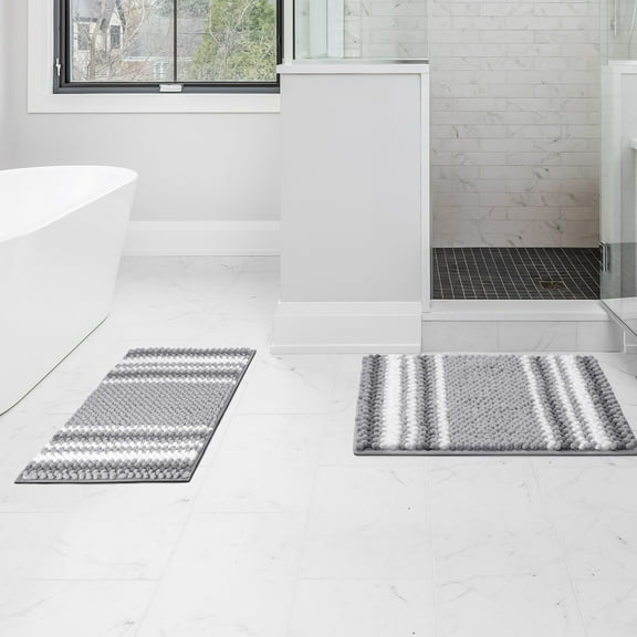 REGALWOVEN Chenille Bathroom Rug Set of 2 Extra Soft Fluffy, Striped Bath Mat Shaggy Rugs Absorbent Dark Gray 17"x24"
