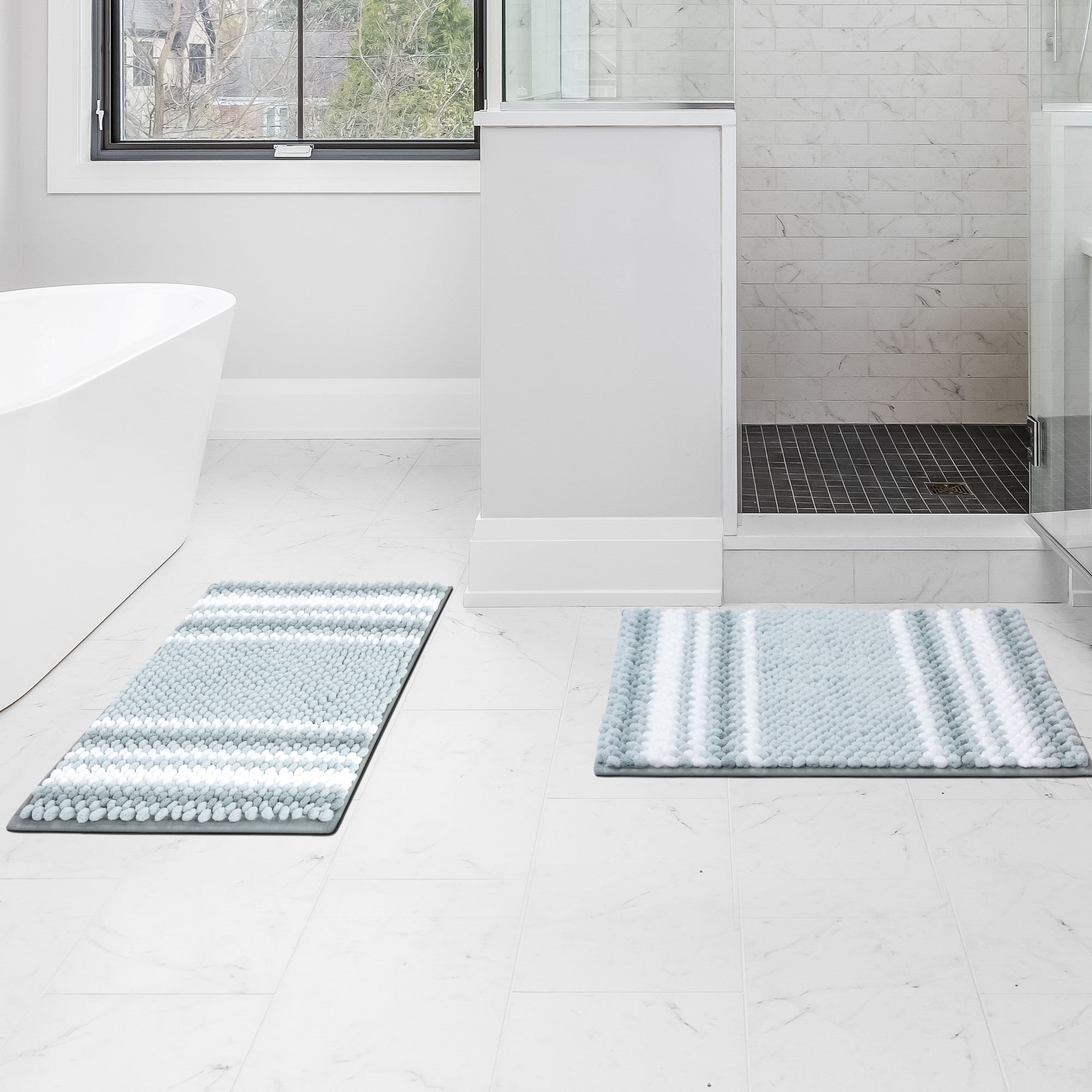 PiccoCasa 2Pcs Chenille Bathroom Rug Set Nonslip Absorbent Light Cyan 17"x24"