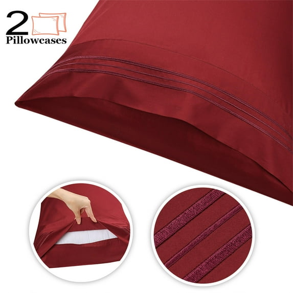 PiccoCasa 2Pcs Cotton Pillowcases Embroidered Pillow Covers, Queen Burgundy