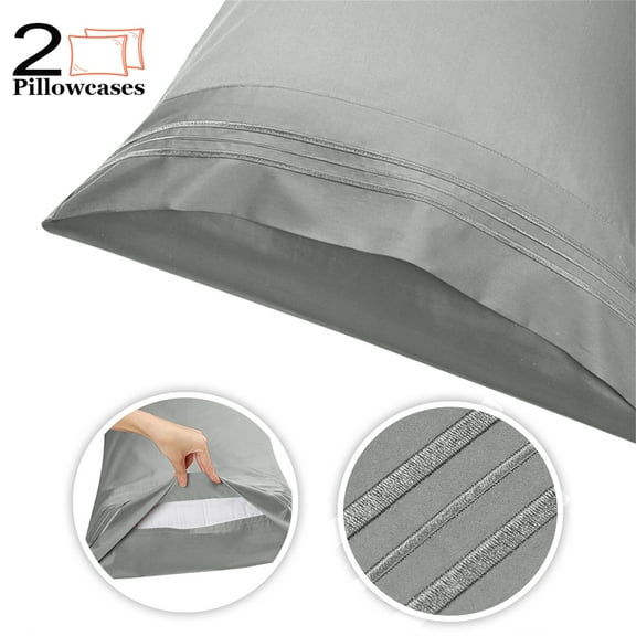 PiccoCasa 2Pcs Cotton Pillowcases Embroidered Pillow Covers, Queen Gray