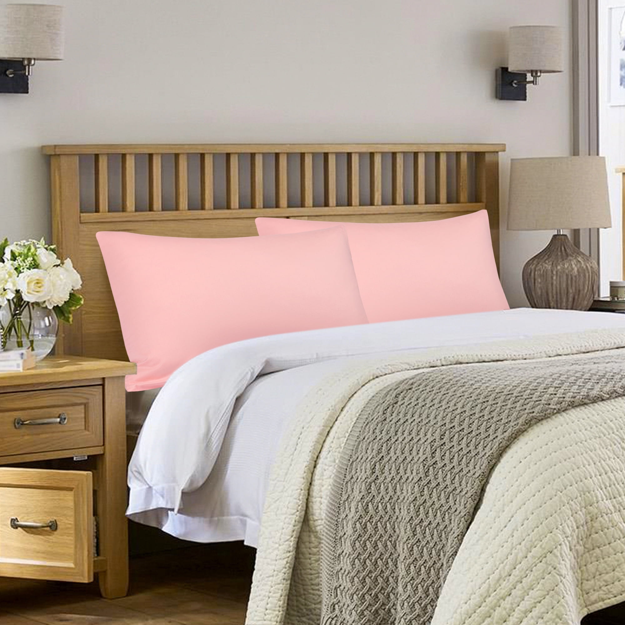 PiccoCasa 2Pcs Cotton Pillowcases Zippered King Pillow Cover, 20"x36", Light Pink