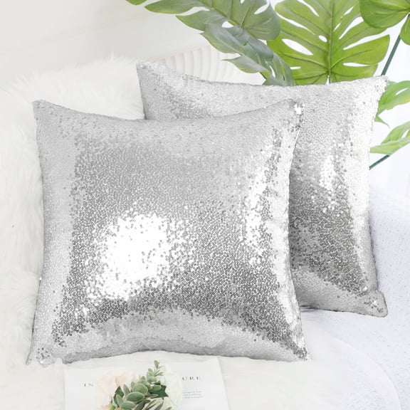 PiccoCasa 2Pcs Decorative Sequin Throw Pillow Covers for Party, 16x16 inch, Silver Tone