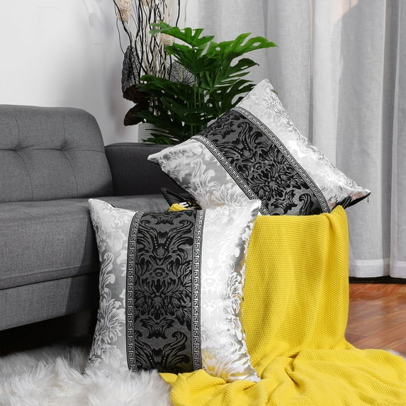 PiccoCasa 2Pcs Floral Print Throw Pillowcases, 18"x18" Black and Silver