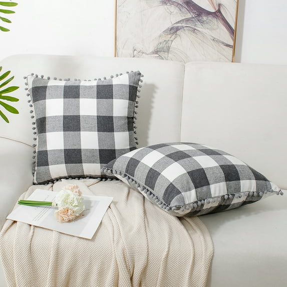 PiccoCasa 2Pcs Pompoms Buffalo Retro Plaid Throw Pillow Covers, Decorative Cushion Covers, 18"x18", Gray and White