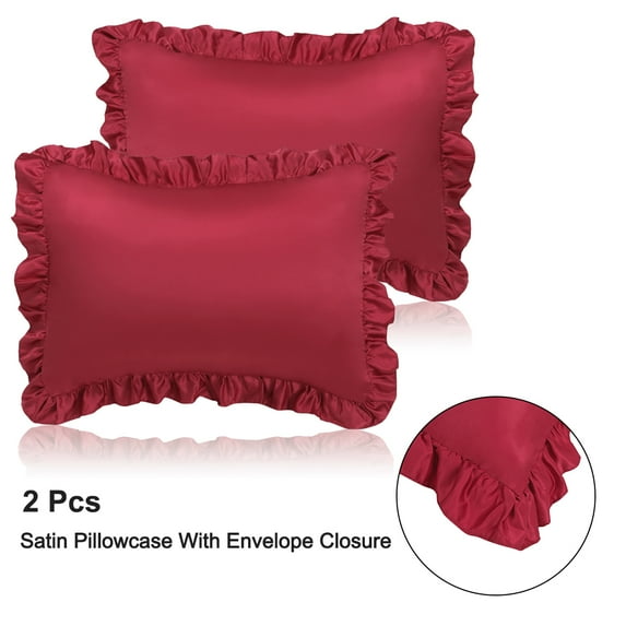 PiccoCasa 2Pcs Satin Pillowcase Pillowcases Ruffled Pillowcases Pillow Shams, King Burgundy