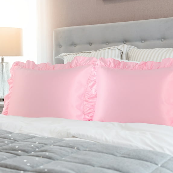 PiccoCasa 2Pcs Satin Pillowcase Pillowcases Ruffled Pillowcases Pillow Shams, Standard Pink