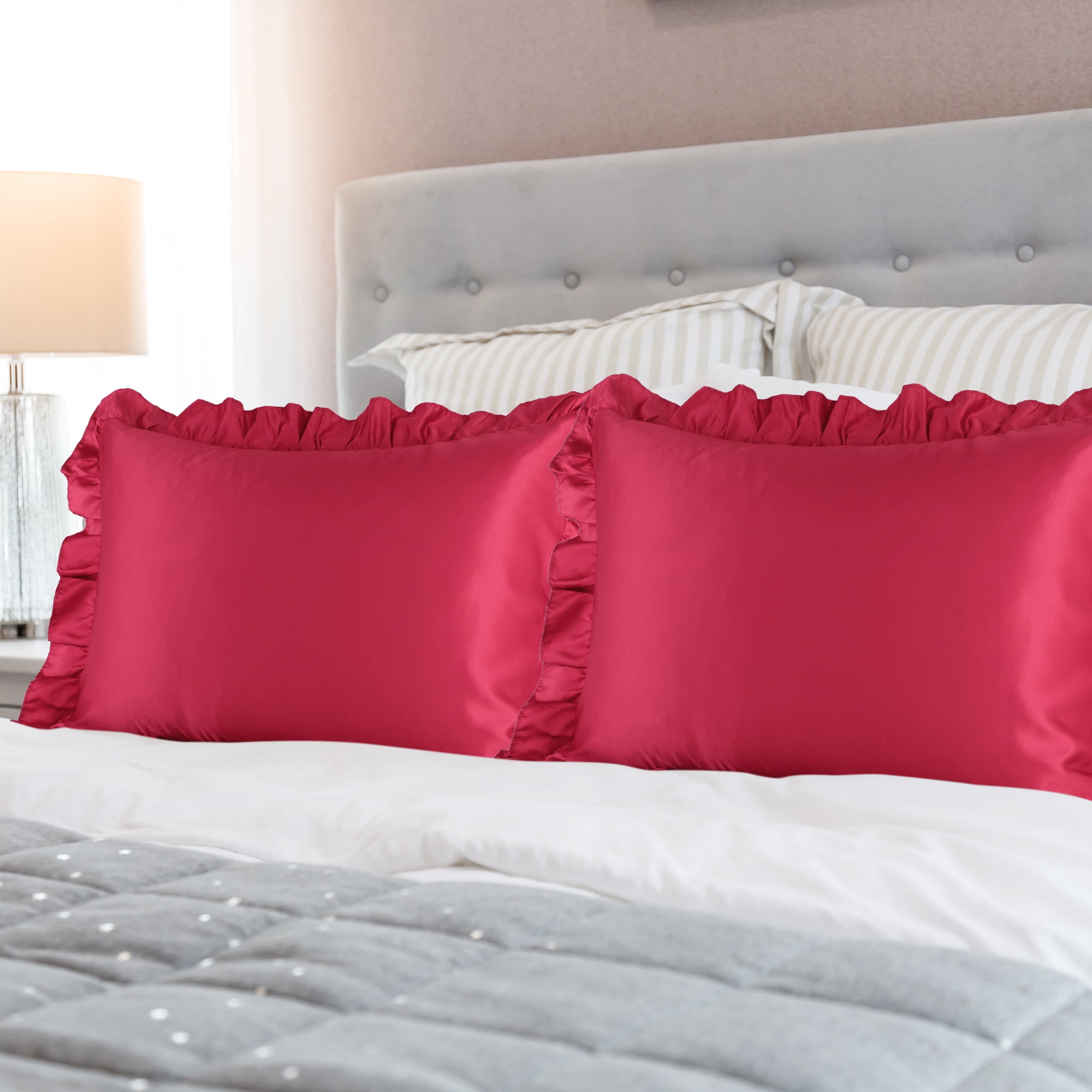PiccoCasa 2Pcs Satin Pillowcases Ruffled Pillow Shams, Burgundy