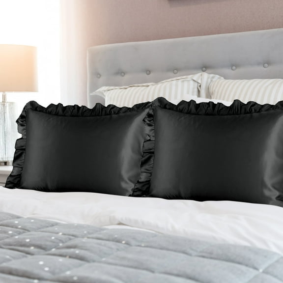 PiccoCasa 2Pcs Satin Pillowcases Ruffled Pillow Shams, King Black