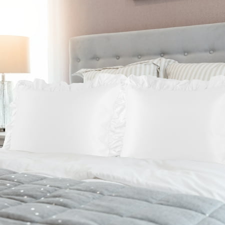 PiccoCasa 2Pcs Satin Pillowcases Ruffled Pillow Shams, King White