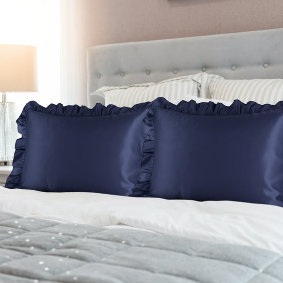 PiccoCasa 2Pcs Satin Pillowcases Ruffled Pillow Shams, Standard Navy