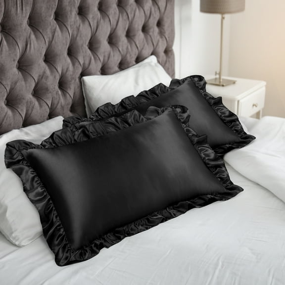 PiccoCasa 2Pcs Satin Ruffled Pillowcase Black Queen