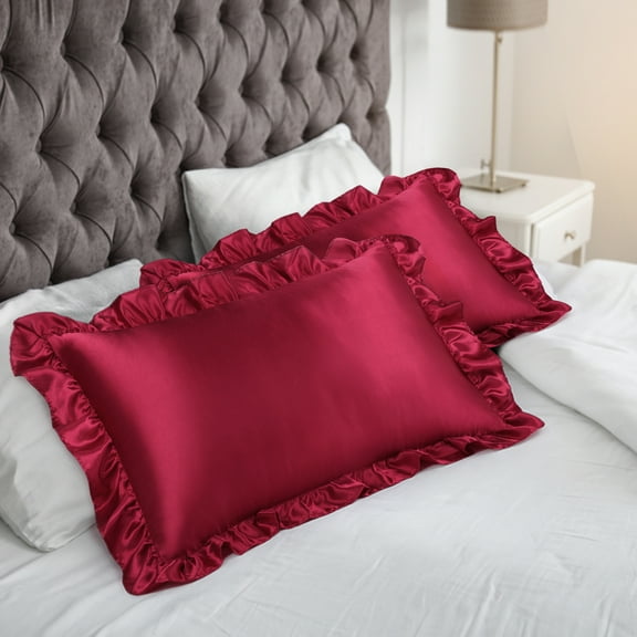 PiccoCasa 2Pcs Satin Ruffled Pillowcase Burgundy Queen