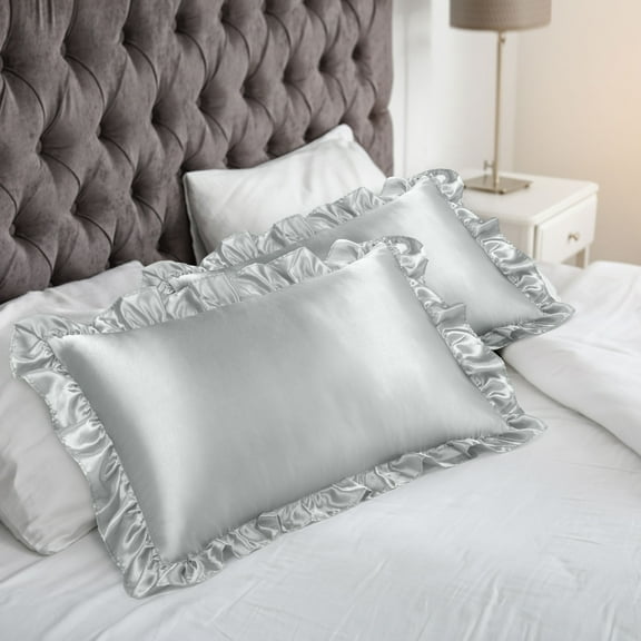 PiccoCasa 2Pcs Satin Ruffled Pillowcase Silver Grey Queen