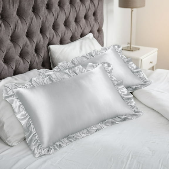 PiccoCasa 2Pcs Satin Ruffled Pillowcase Silver Queen