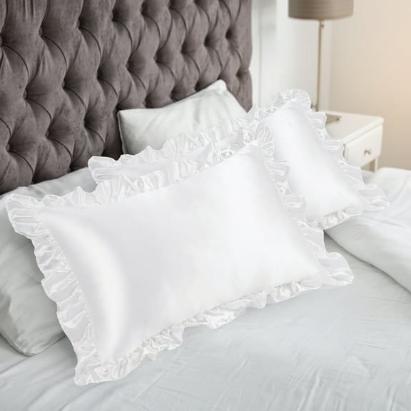 PiccoCasa 2Pcs Satin Ruffled Pillowcase White King