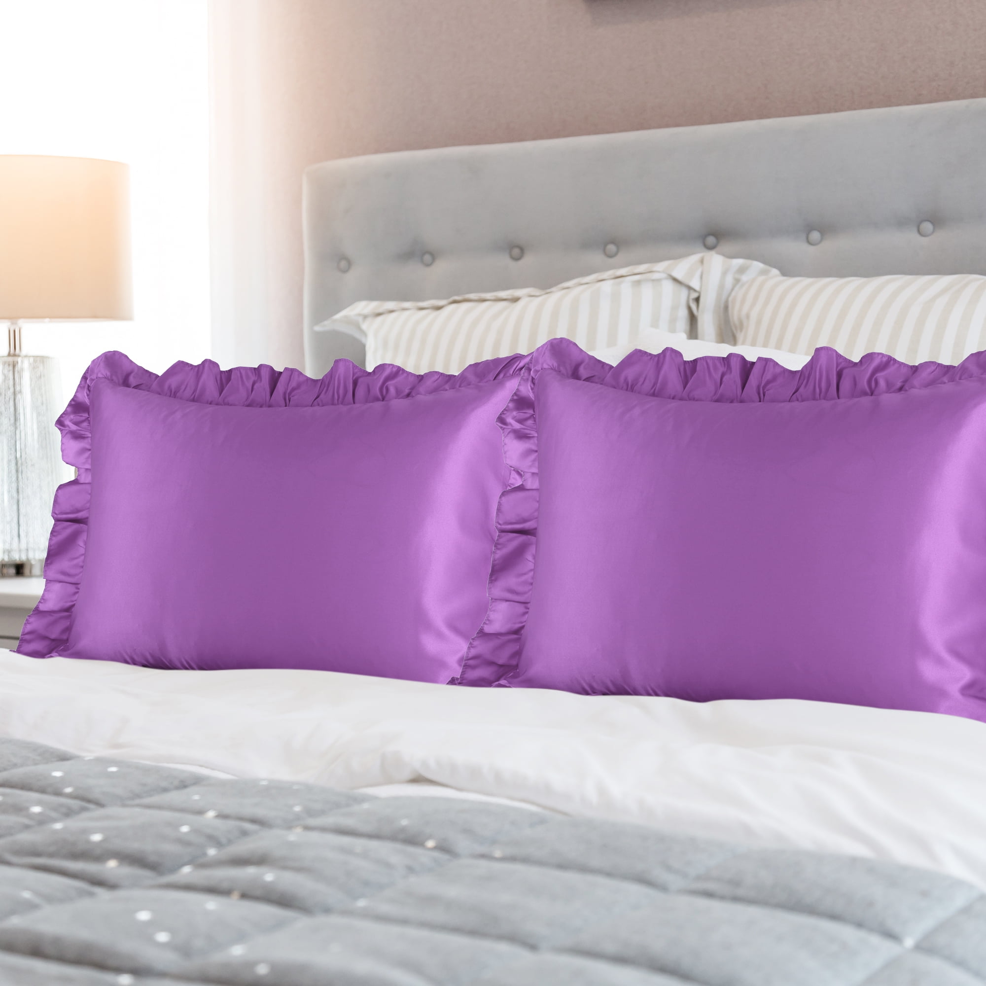 PiccoCasa 2Pcs Silky Satin Oxford Pillowcases Ruffled, Purple Standard