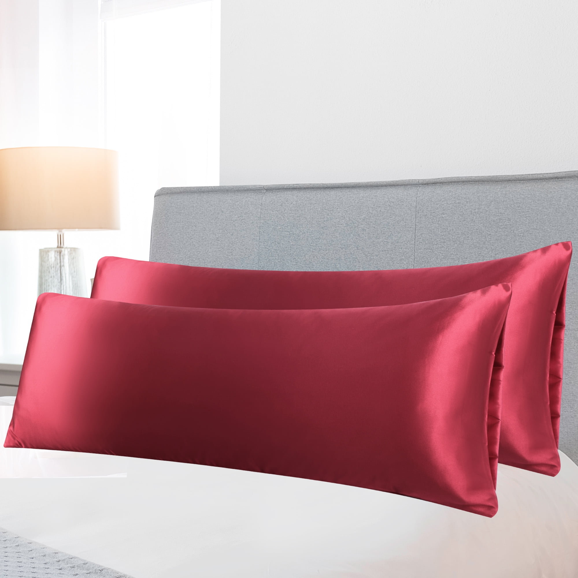 PiccoCasa 2Pcs Soft Silky Satin Long Body Pillow Cover 20x54 inch, Wine