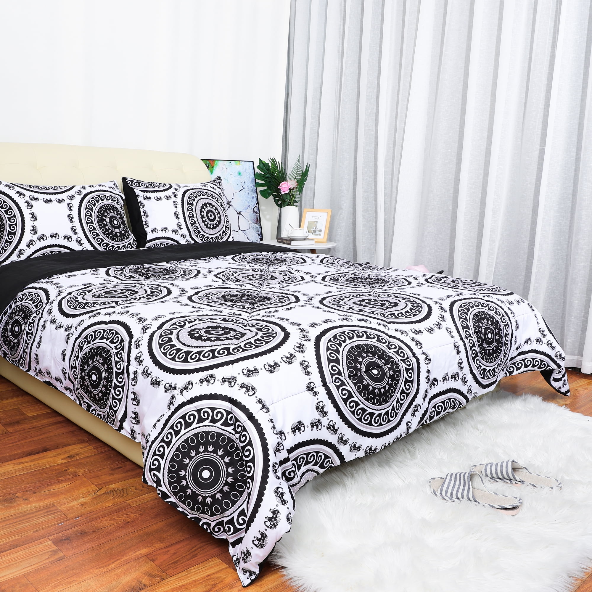 PiccoCasa 3 Piece Bohemian Comforter Set, Queen White Black - Walmart.com