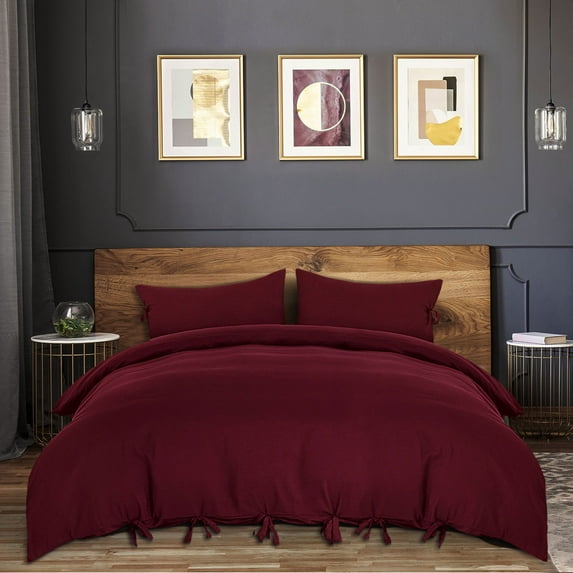 PiccoCasa 3 Piece Bow Tie Duvet Cover Bedding Set with 2 Pillowcases King Burgundy