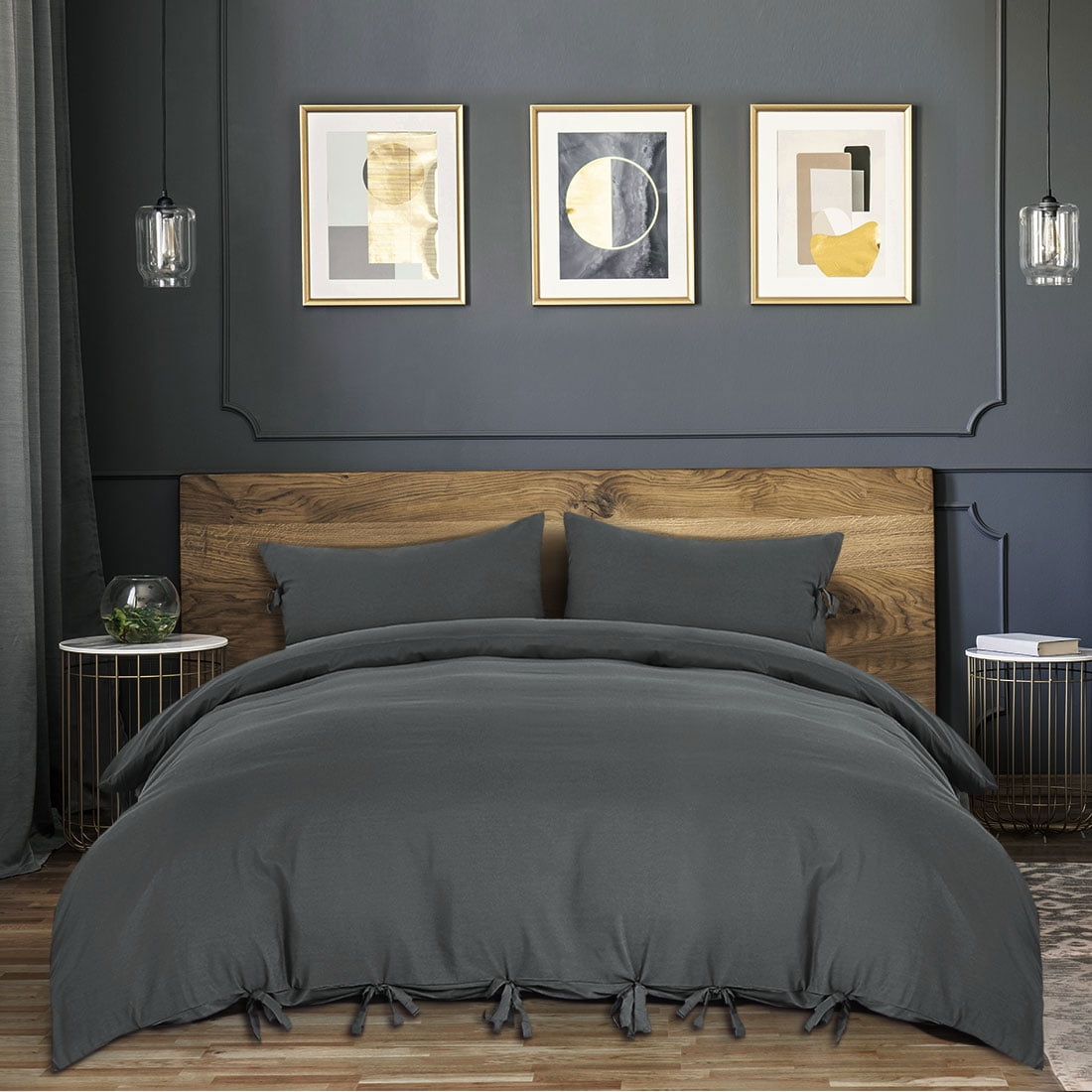 PiccoCasa 3 Piece Bow Tie Duvet Cover Bedding Set with 2 Pillowcases Queen Dark Gray