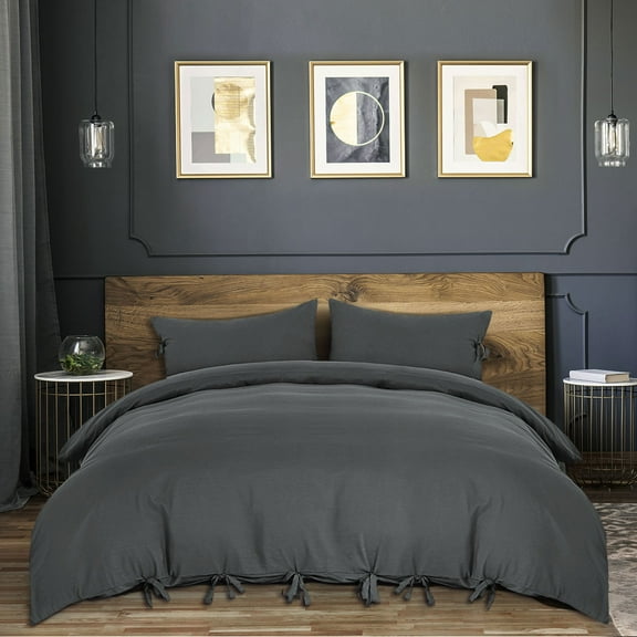 PiccoCasa 3 Piece Bow Tie Duvet Cover Bedding Set with 2 Pillowcases Queen Dark Gray