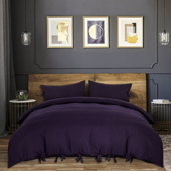 PiccoCasa 3 Piece Bow Tie Duvet Cover Bedding Set with 2 Pillowcases Queen Dark Purple