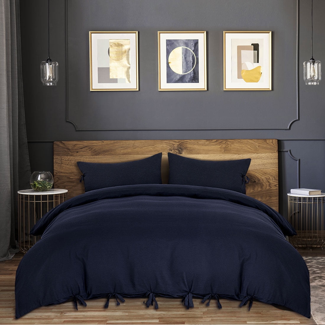 PiccoCasa 3 Piece Bow Tie Duvet Cover Bedding Set with 2 Pillowcases Queen Navy Blue