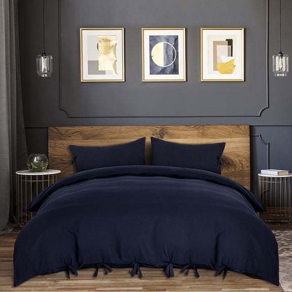 PiccoCasa 3 Piece Bow Tie Duvet Cover Bedding Set with 2 Pillowcases Queen Navy Blue