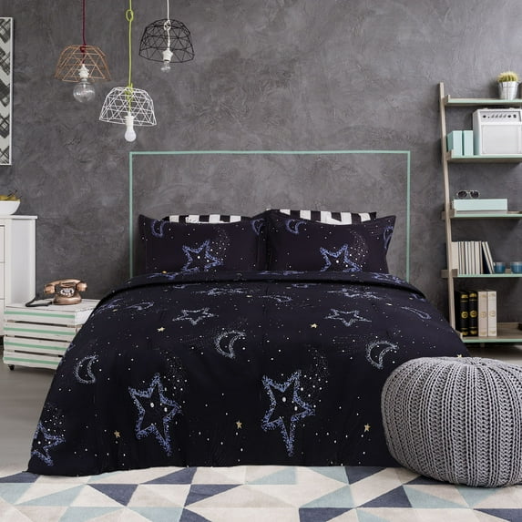 PiccoCasa 3-Piece Galaxy Comforter and 2 Pillowcases Set Polyester Queen Dark Blue