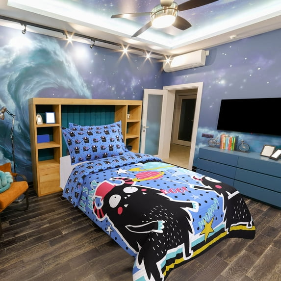 PiccoCasa 3 Piece Kids Duvet Cover Bedding Set Monsters Pattern Twin, Blue and Black