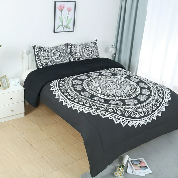 PiccoCasa 3 Pieces Bed in a Bag Comforter Set with 2 Pillowcases, Black Full