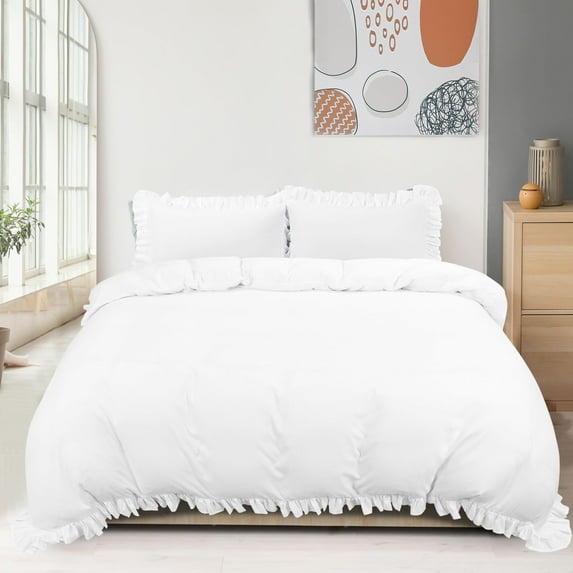 PiccoCasa 3 Pieces Soft Ruffled Brushed Adult Duvet Cover Sets 110GSM White Queen