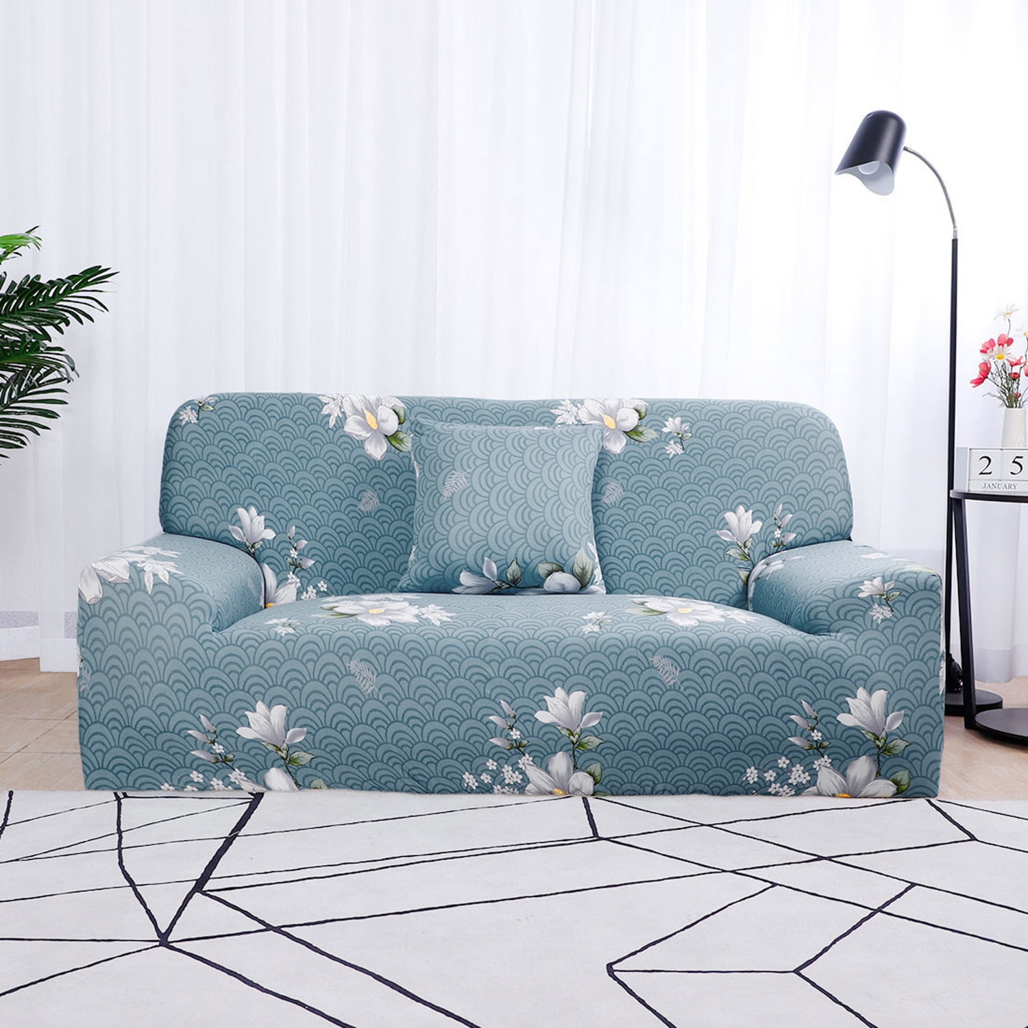 PiccoCasa 3 Seater Sofa Slipcover Spandex Couch Cover, Large White Blue