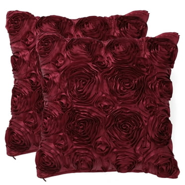 PiccoCasa 3D Satin Rose Throw Pillowcases 16"x16" Decorative Throw Pillow Covers Set of 2, Burgundy Red