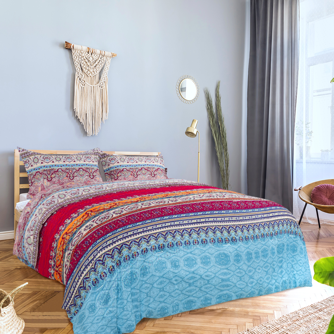PiccoCasa 3Pcs All Season Bohemian Bedding Comforter Set Queen Red