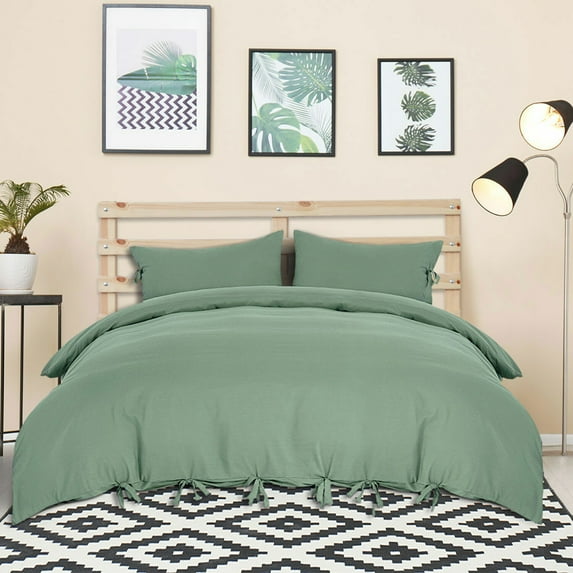 PiccoCasa 3Pcs Brushed Microfiber Duvet Cover Set Bedding Set with Bowtie, Light Green Queen