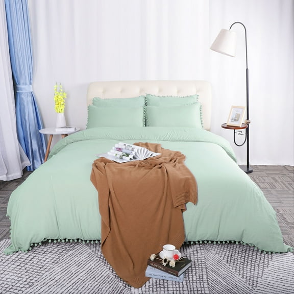 PiccoCasa 3Pcs Duvet Quilt Cover Set with Pompoms for Queen Bed, Turquoise