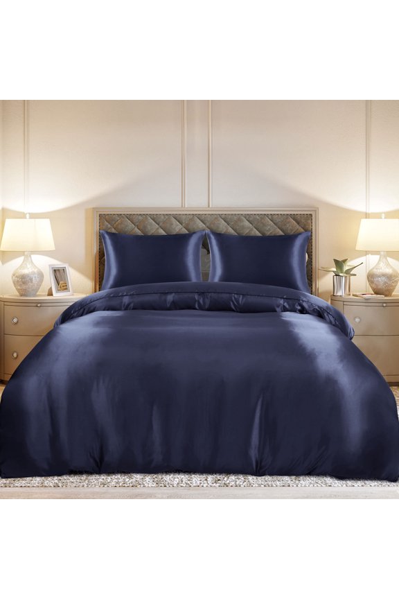 3Pcs Queen Size Duvet Cover Set Silk Satin Bedding Set with 2 Pillowcases, Navy