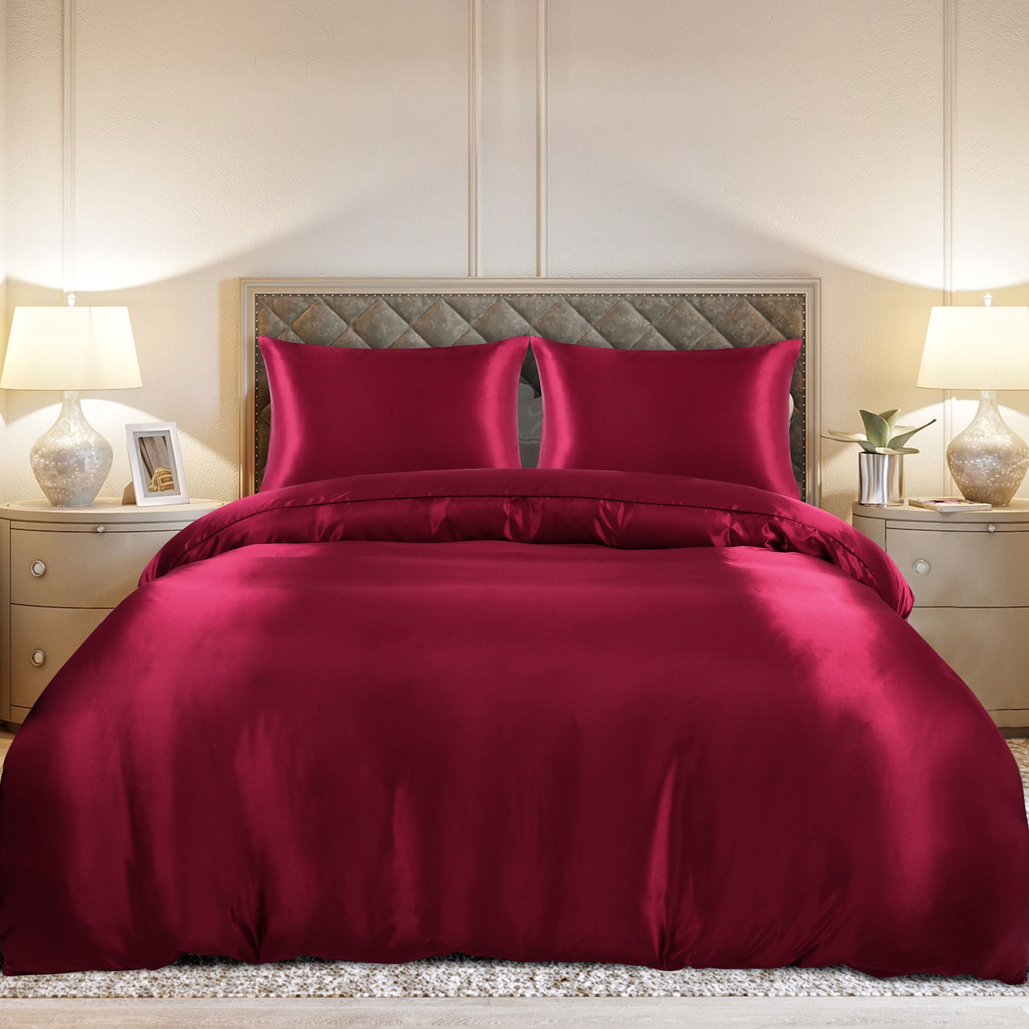 PiccoCasa 3Pcs Twin Size Duvet Cover Set Silk Satin Bedding Set with 2 Pillowcases, Burgundy