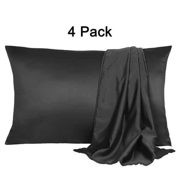PiccoCasa 4 Pack Silk Satin Pillowcases Envelope Pillow Covers Queen Black
