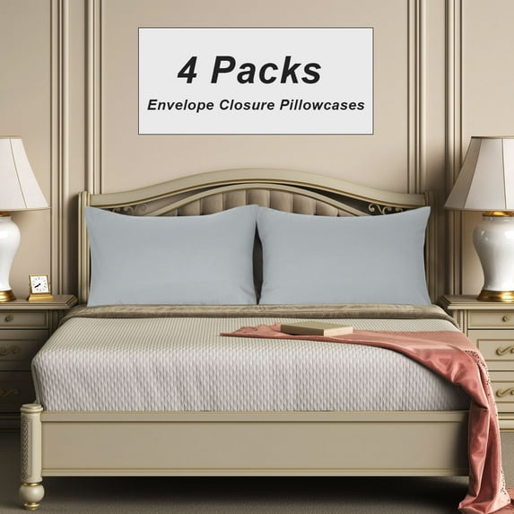 PiccoCasa 4 Packs Microfiber Pillowcases No Zipper, Pillow Covers King Light Grey