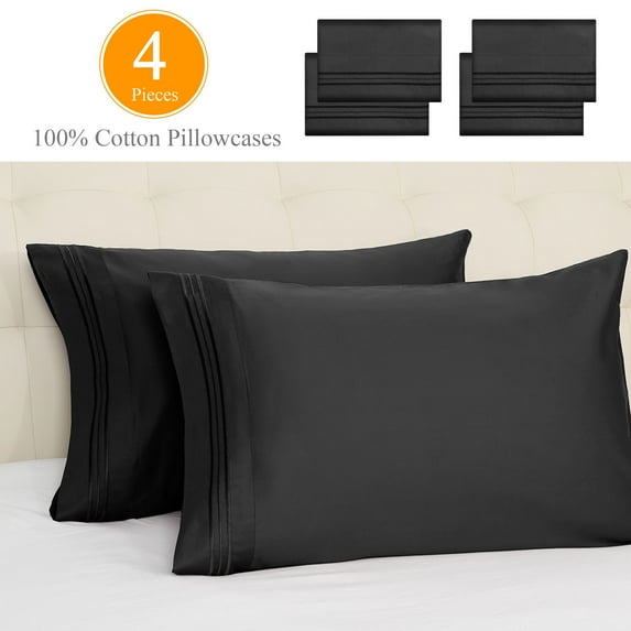 PiccoCasa 4 Pcs 100% Combed Cotton Soft Luxury Solid Pillow Case King Black