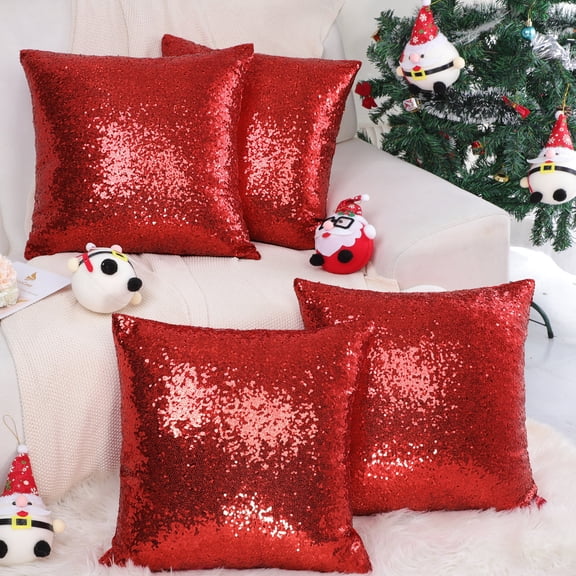 REGALWOVEN 4 Pcs Sequin Throw Pillow Covers, Decorative Cushion Covers for Sofa Car Seat, 18"x18" Red