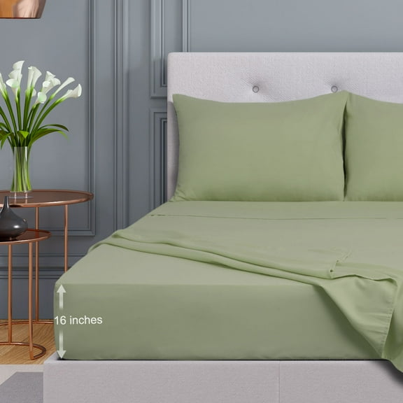 PiccoCasa 4 Pieces Bed Sheets Set with Flat Sheet, Fitted Sheet and 2 Pillowcases Olive Green Full